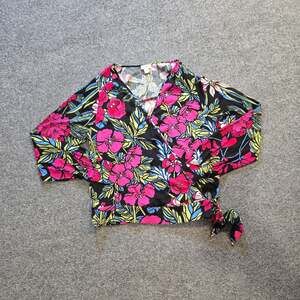 Tiny Top Womens Size XXS Pink Black Floral Faux Wrap V Neck Long Sleeve Casual